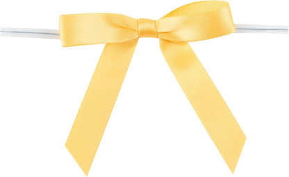Gift Tek 3 x 2.5 Inch Satin Ribbon Bows, 100 Twist Tie Bows - Pre-Tied, Vibrant, Gold Polyester Gift Wrapping Bow, For Treat Bags, Crafts, Packages, Decoration