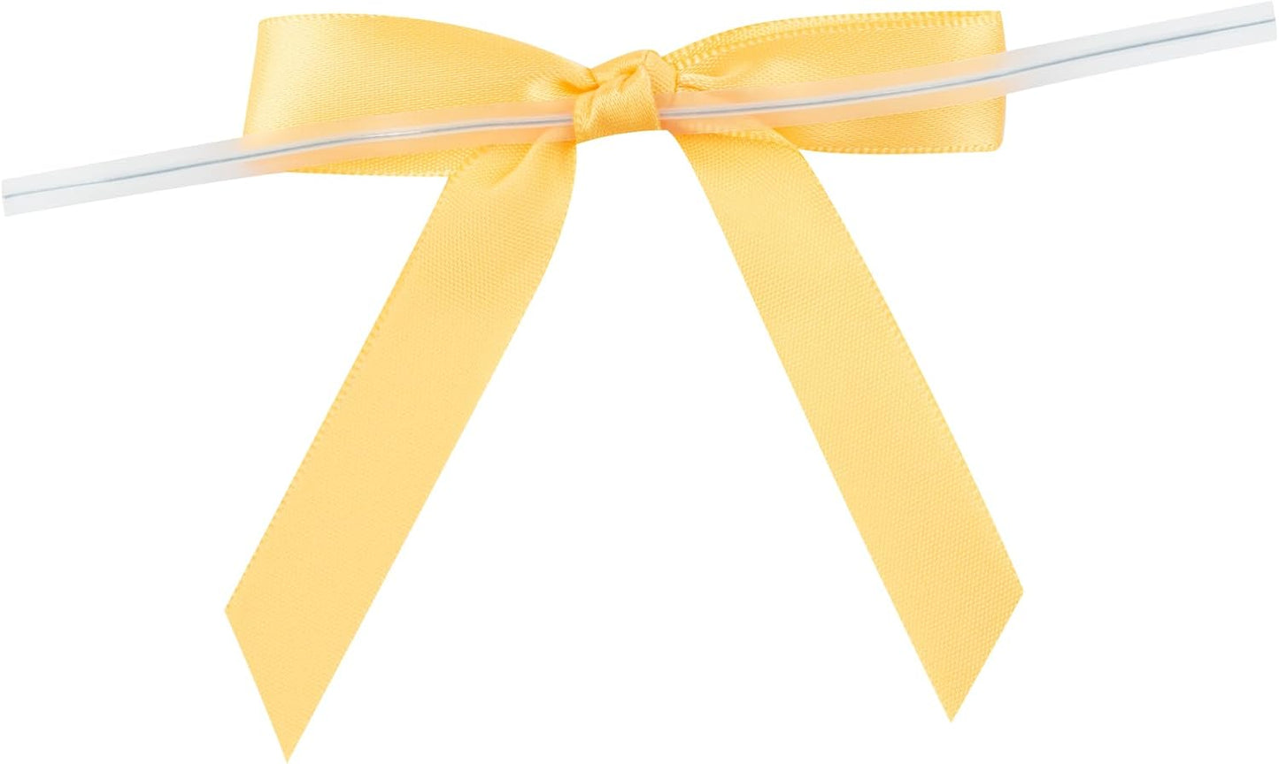 Gift Tek 3 x 2.5 Inch Satin Ribbon Bows, 100 Twist Tie Bows - Pre-Tied, Vibrant, Gold Polyester Gift Wrapping Bow, For Treat Bags, Crafts, Packages, Decoration