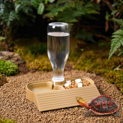 Automatic Reptile Water Feeder Automatic Water Dispenser with Ramp 2-in-1 Turtle Water Bowl Food Dish for Tortoise, Gecko, Snake, Bearded Dragon, Lizard (Brown Yellow)