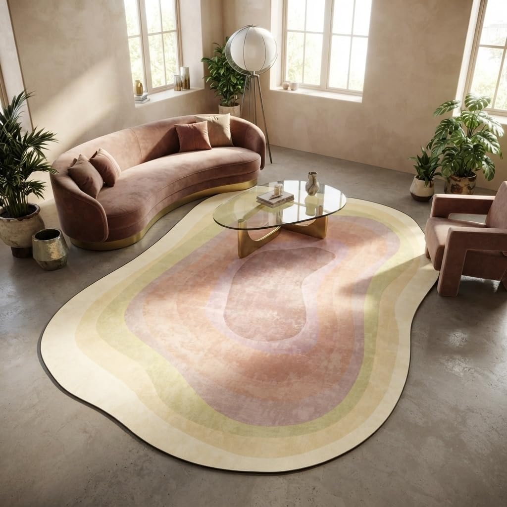 Pastel Yellow Cream Pink Irregular Area Rug 4x6 Modern Abstract Irregular Shaped Rug for Living Room Bedroom Guestroom Unique Designer Machine Washable Ultra Soft Carpet Boho Home Office Floor Mat