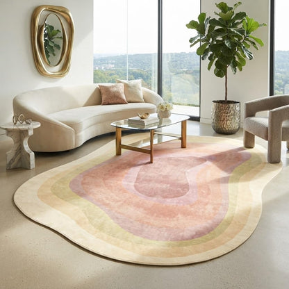 Pastel Yellow Cream Pink Irregular Area Rug 4x6 Modern Abstract Irregular Shaped Rug for Living Room Bedroom Guestroom Unique Designer Machine Washable Ultra Soft Carpet Boho Home Office Floor Mat