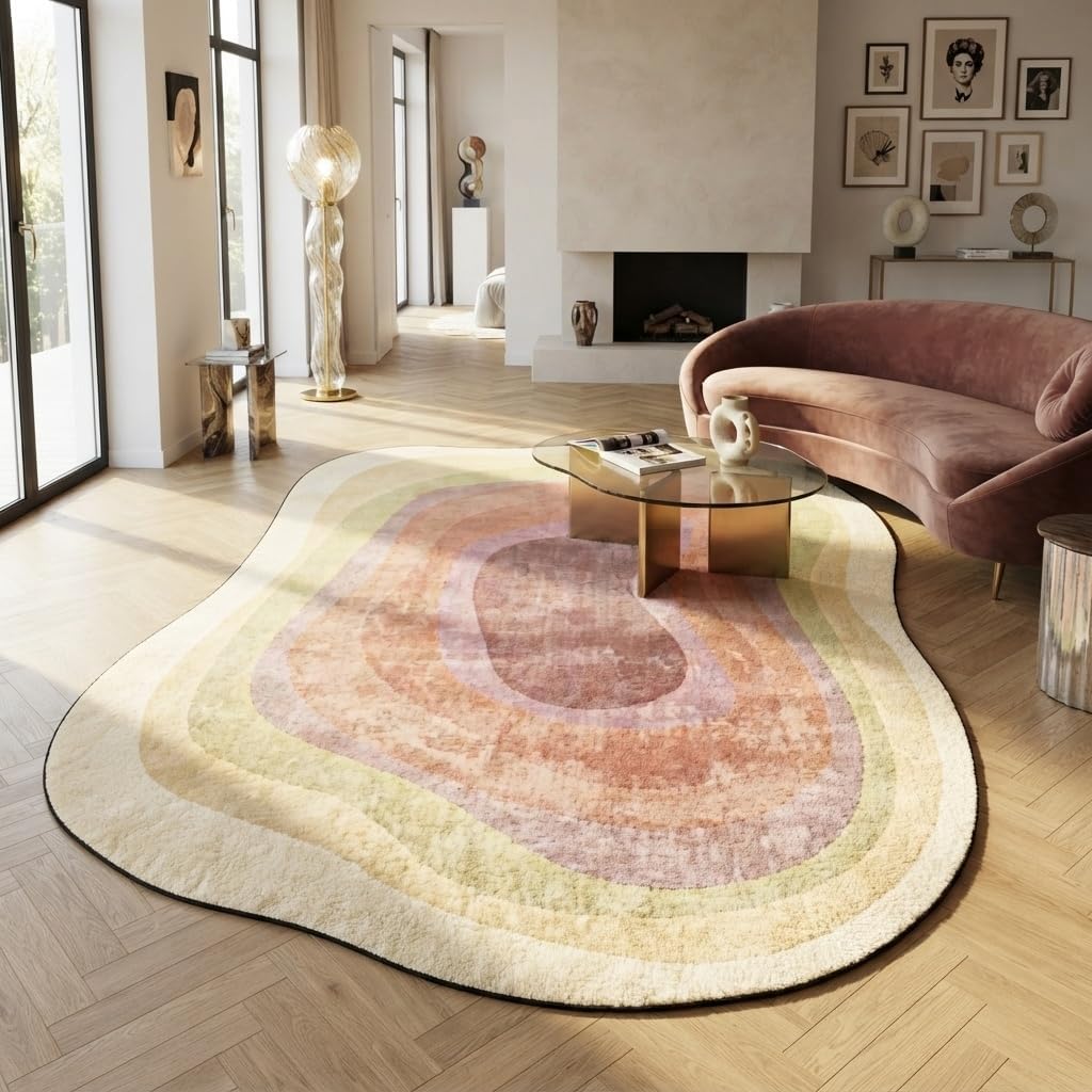 Pastel Yellow Cream Pink Irregular Area Rug 4x6 Modern Abstract Irregular Shaped Rug for Living Room Bedroom Guestroom Unique Designer Machine Washable Ultra Soft Carpet Boho Home Office Floor Mat