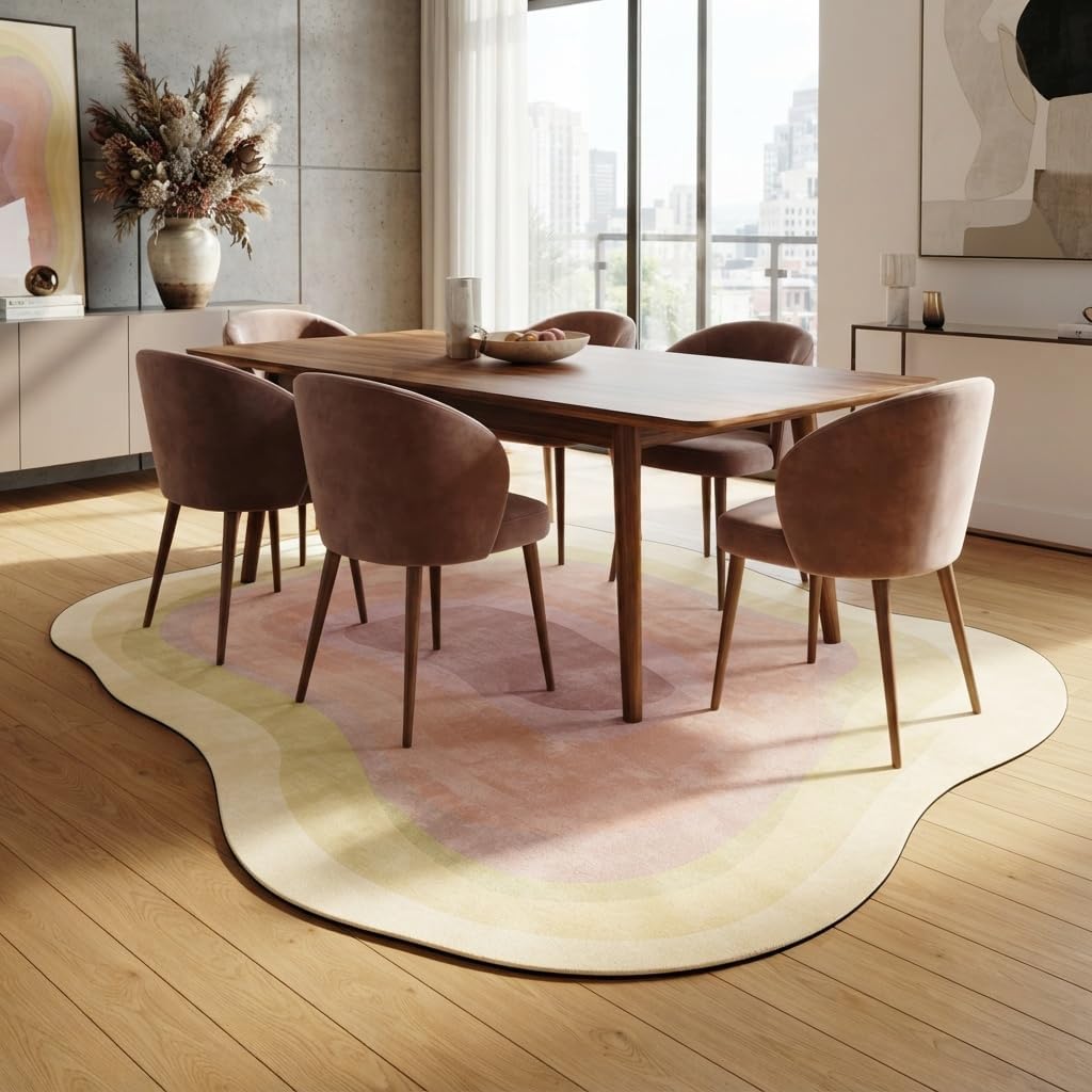 Pastel Yellow Cream Pink Irregular Area Rug 4x6 Modern Abstract Irregular Shaped Rug for Living Room Bedroom Guestroom Unique Designer Machine Washable Ultra Soft Carpet Boho Home Office Floor Mat