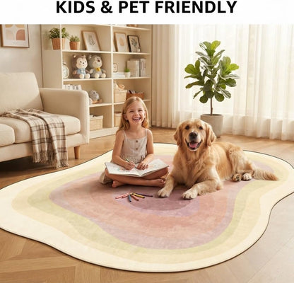 Pastel Yellow Cream Pink Irregular Area Rug 4x6 Modern Abstract Irregular Shaped Rug for Living Room Bedroom Guestroom Unique Designer Machine Washable Ultra Soft Carpet Boho Home Office Floor Mat