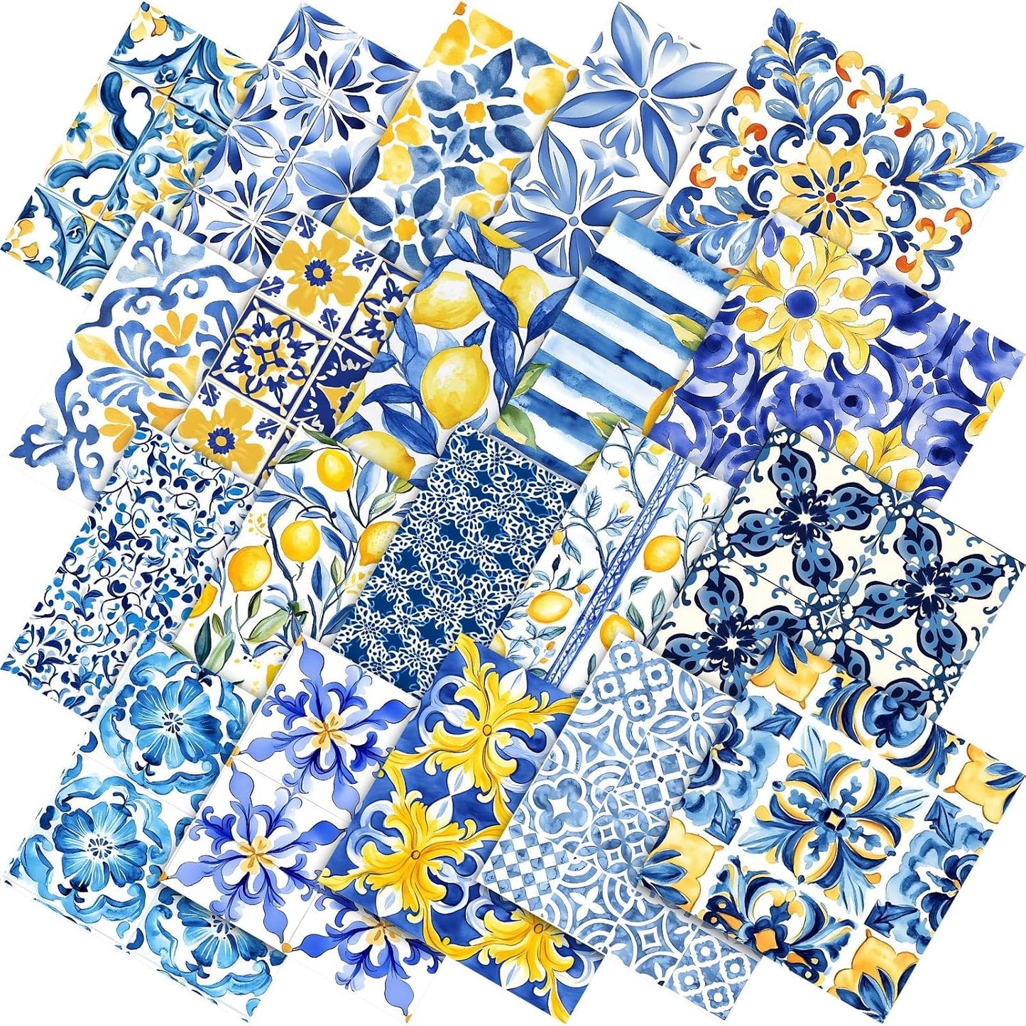 60 Pcs Summer Lemon Fabric Squares Bundles 10x10 Inch Blue Yellow Capri Cotton Quilting Fabric Mediterranean Lemon Fat Quarters Quilt Patchwork Material for Sewing DIY Crafts Supplies