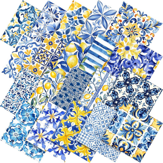 60 Pcs Summer Lemon Fabric Squares Bundles 10x10 Inch Blue Yellow Capri Cotton Quilting Fabric Mediterranean Lemon Fat Quarters Quilt Patchwork Material for Sewing DIY Crafts Supplies