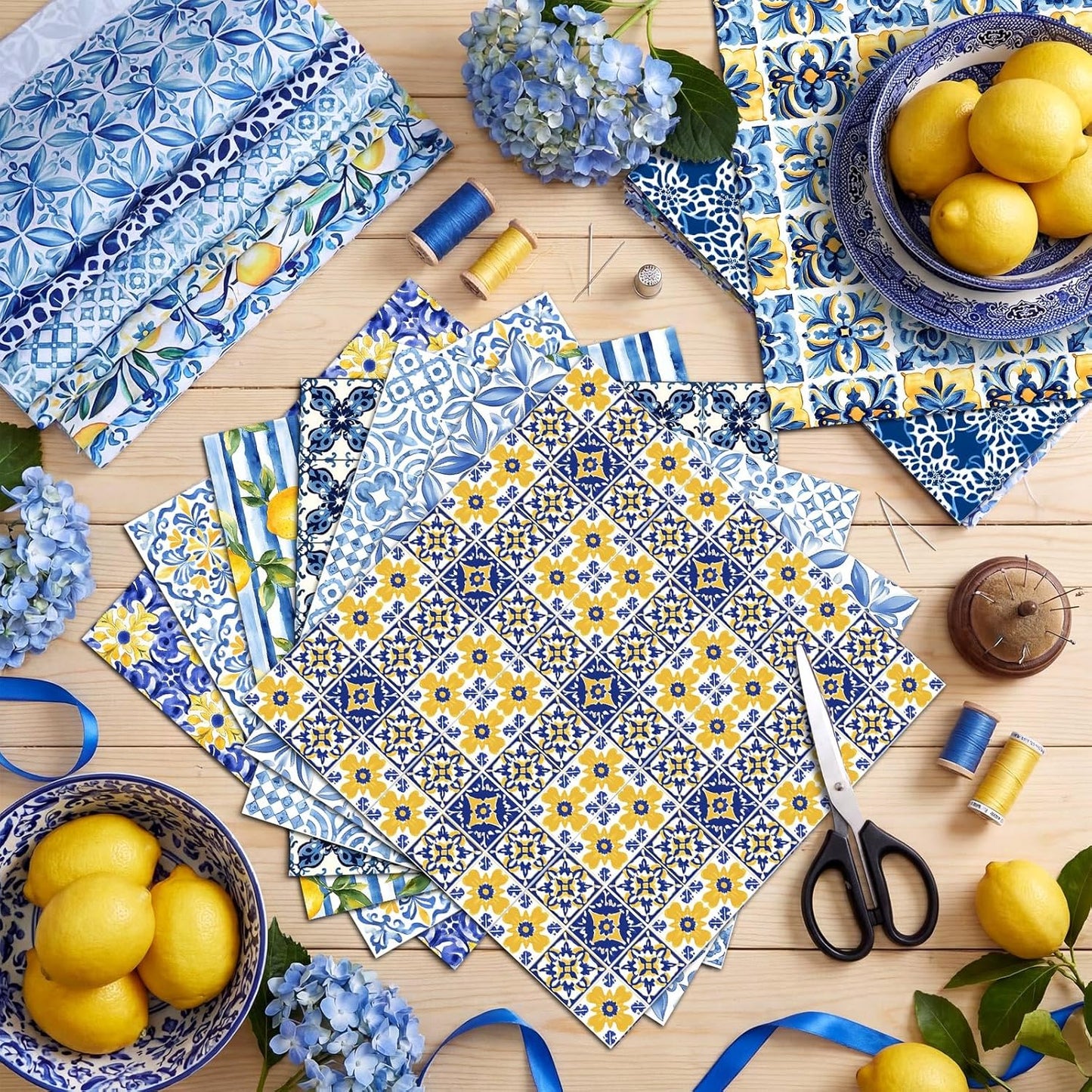 60 Pcs Summer Lemon Fabric Squares Bundles 10x10 Inch Blue Yellow Capri Cotton Quilting Fabric Mediterranean Lemon Fat Quarters Quilt Patchwork Material for Sewing DIY Crafts Supplies