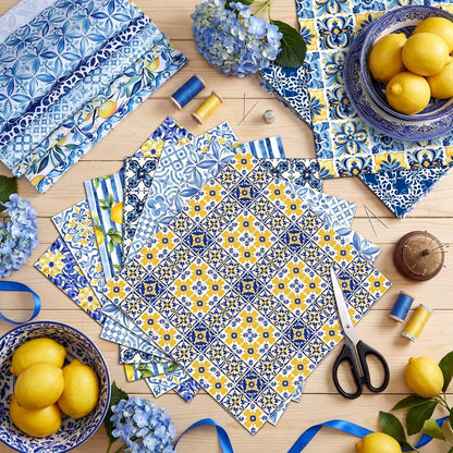 60 Pcs Summer Lemon Fabric Squares Bundles 10x10 Inch Blue Yellow Capri Cotton Quilting Fabric Mediterranean Lemon Fat Quarters Quilt Patchwork Material for Sewing DIY Crafts Supplies