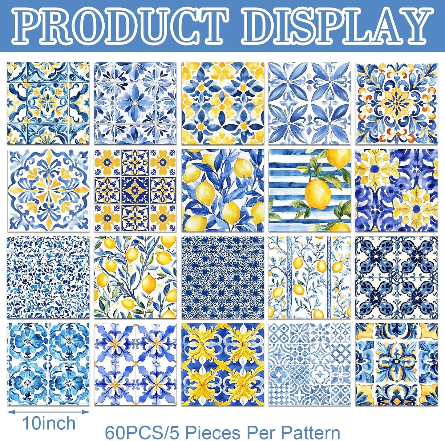 60 Pcs Summer Lemon Fabric Squares Bundles 10x10 Inch Blue Yellow Capri Cotton Quilting Fabric Mediterranean Lemon Fat Quarters Quilt Patchwork Material for Sewing DIY Crafts Supplies