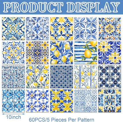 60 Pcs Summer Lemon Fabric Squares Bundles 10x10 Inch Blue Yellow Capri Cotton Quilting Fabric Mediterranean Lemon Fat Quarters Quilt Patchwork Material for Sewing DIY Crafts Supplies
