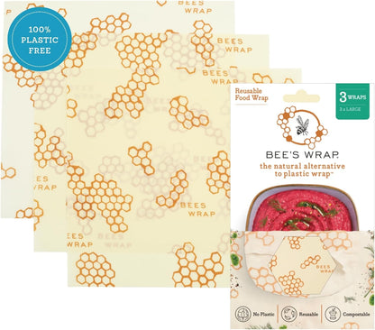 Beeswax Food Wraps, 3 Large Pack - Honeycomb | Organic Beeswax Wraps - Plastic Free - Reusable Food Storage - Cheese, Produce, Bowls & Leftovers - Made in USA