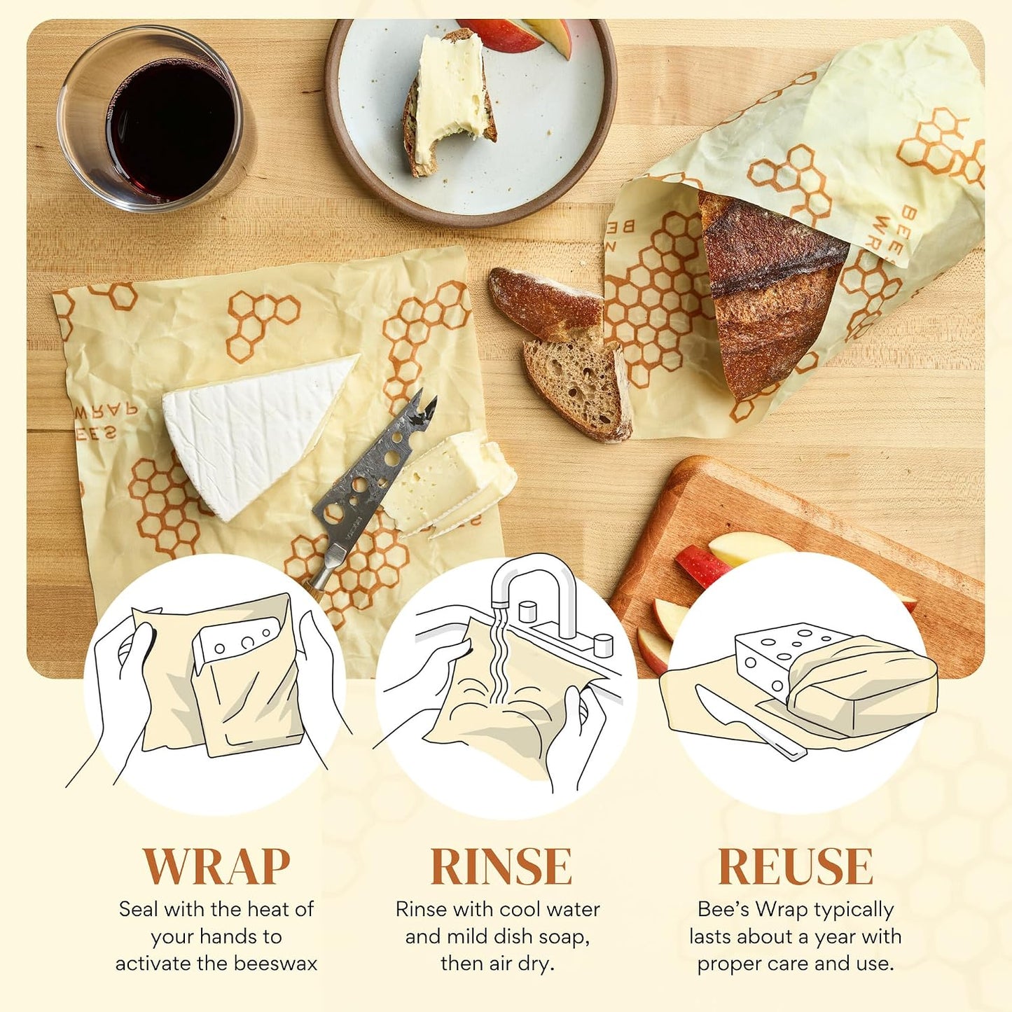 Beeswax Food Wraps, 3 Large Pack - Honeycomb | Organic Beeswax Wraps - Plastic Free - Reusable Food Storage - Cheese, Produce, Bowls & Leftovers - Made in USA
