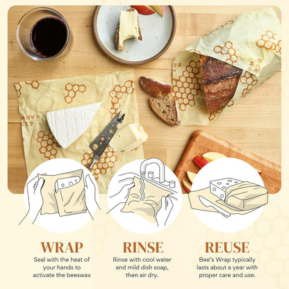 Beeswax Food Wraps, 3 Large Pack - Honeycomb | Organic Beeswax Wraps - Plastic Free - Reusable Food Storage - Cheese, Produce, Bowls & Leftovers - Made in USA