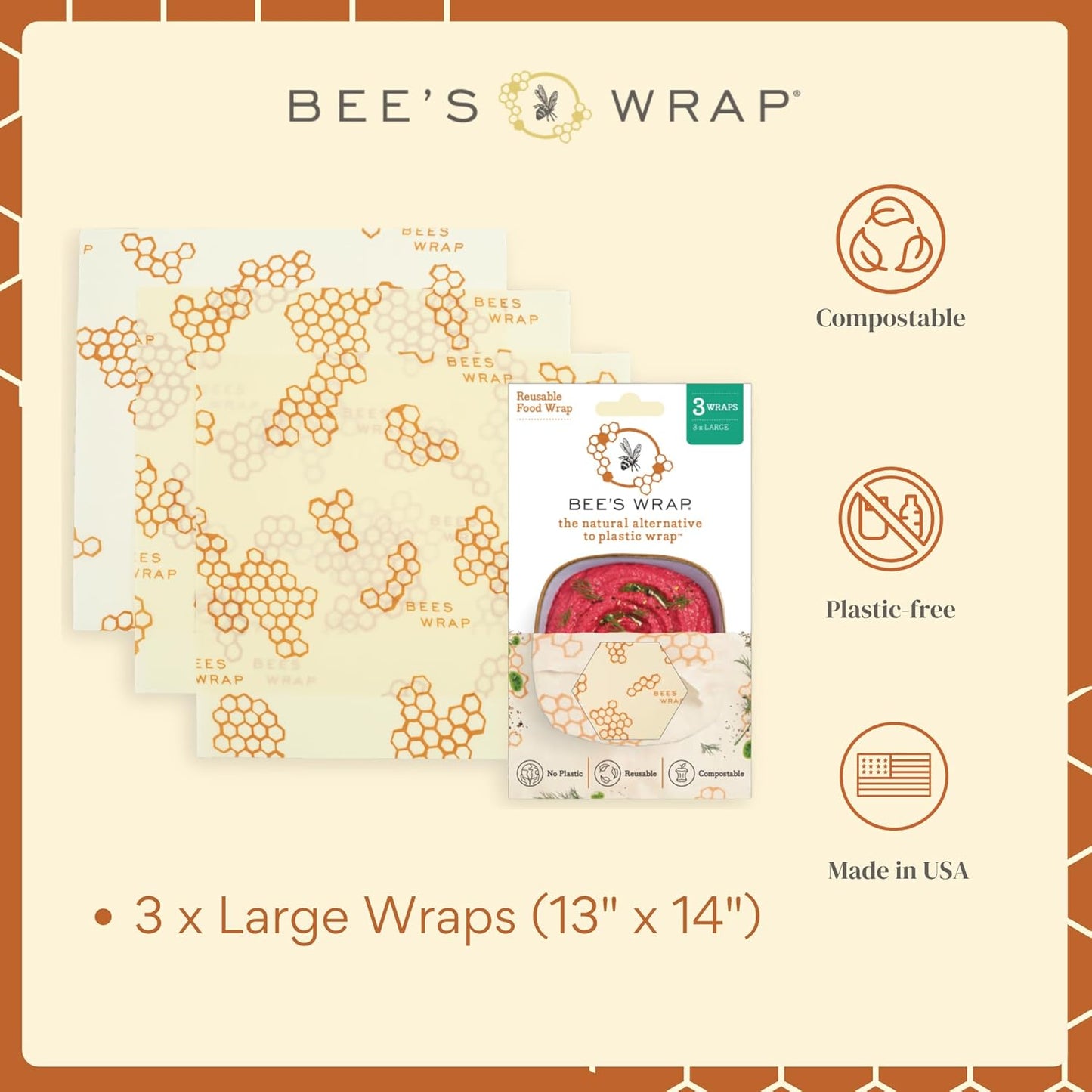 Beeswax Food Wraps, 3 Large Pack - Honeycomb | Organic Beeswax Wraps - Plastic Free - Reusable Food Storage - Cheese, Produce, Bowls & Leftovers - Made in USA