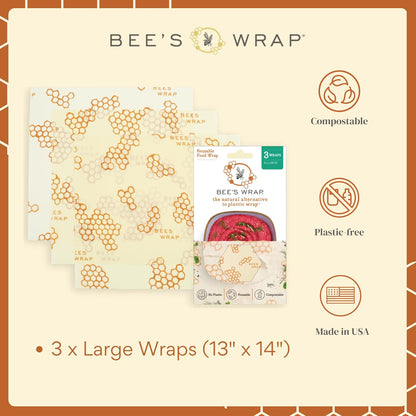 Beeswax Food Wraps, 3 Large Pack - Honeycomb | Organic Beeswax Wraps - Plastic Free - Reusable Food Storage - Cheese, Produce, Bowls & Leftovers - Made in USA
