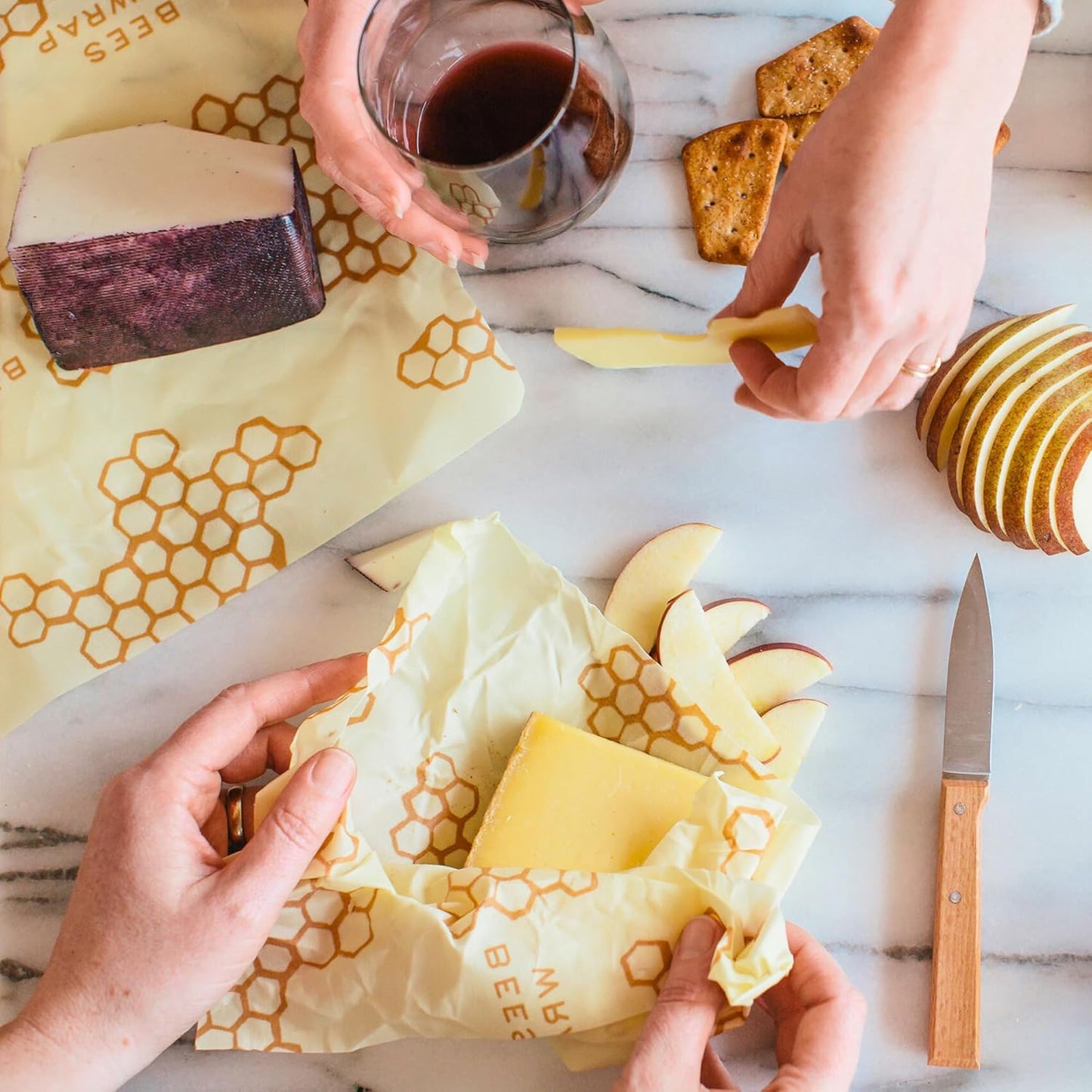 Beeswax Food Wraps, 3 Large Pack - Honeycomb | Organic Beeswax Wraps - Plastic Free - Reusable Food Storage - Cheese, Produce, Bowls & Leftovers - Made in USA