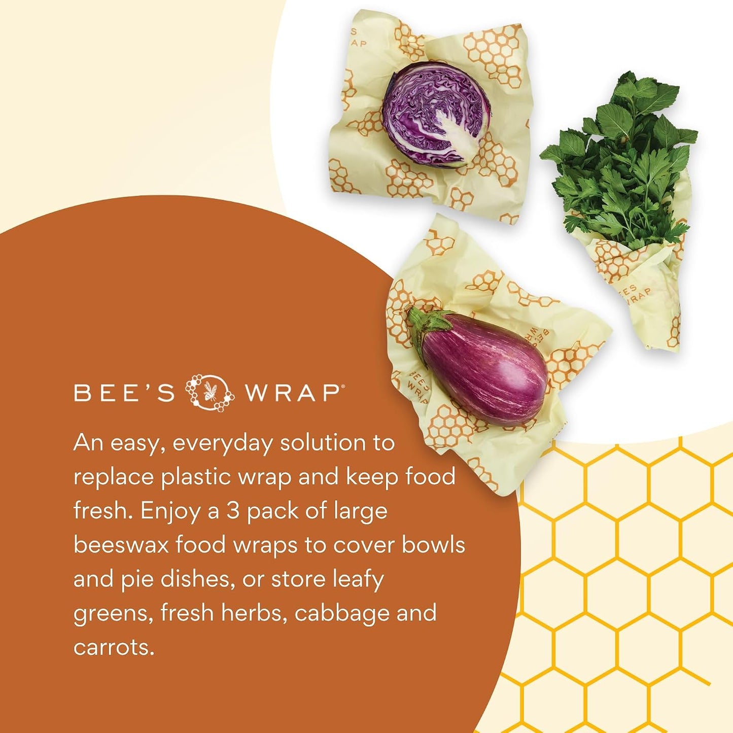 Beeswax Food Wraps, 3 Large Pack - Honeycomb | Organic Beeswax Wraps - Plastic Free - Reusable Food Storage - Cheese, Produce, Bowls & Leftovers - Made in USA
