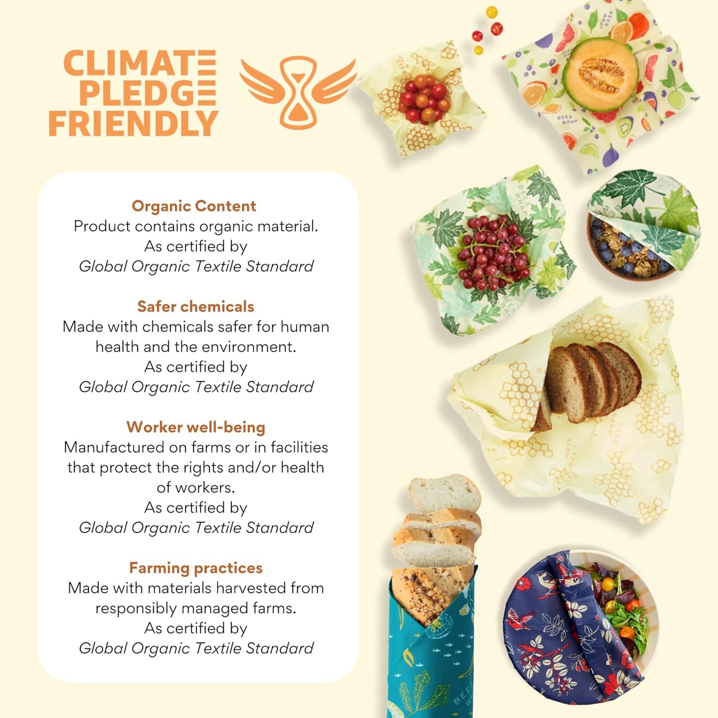 Beeswax Food Wraps, 3 Large Pack - Honeycomb | Organic Beeswax Wraps - Plastic Free - Reusable Food Storage - Cheese, Produce, Bowls & Leftovers - Made in USA