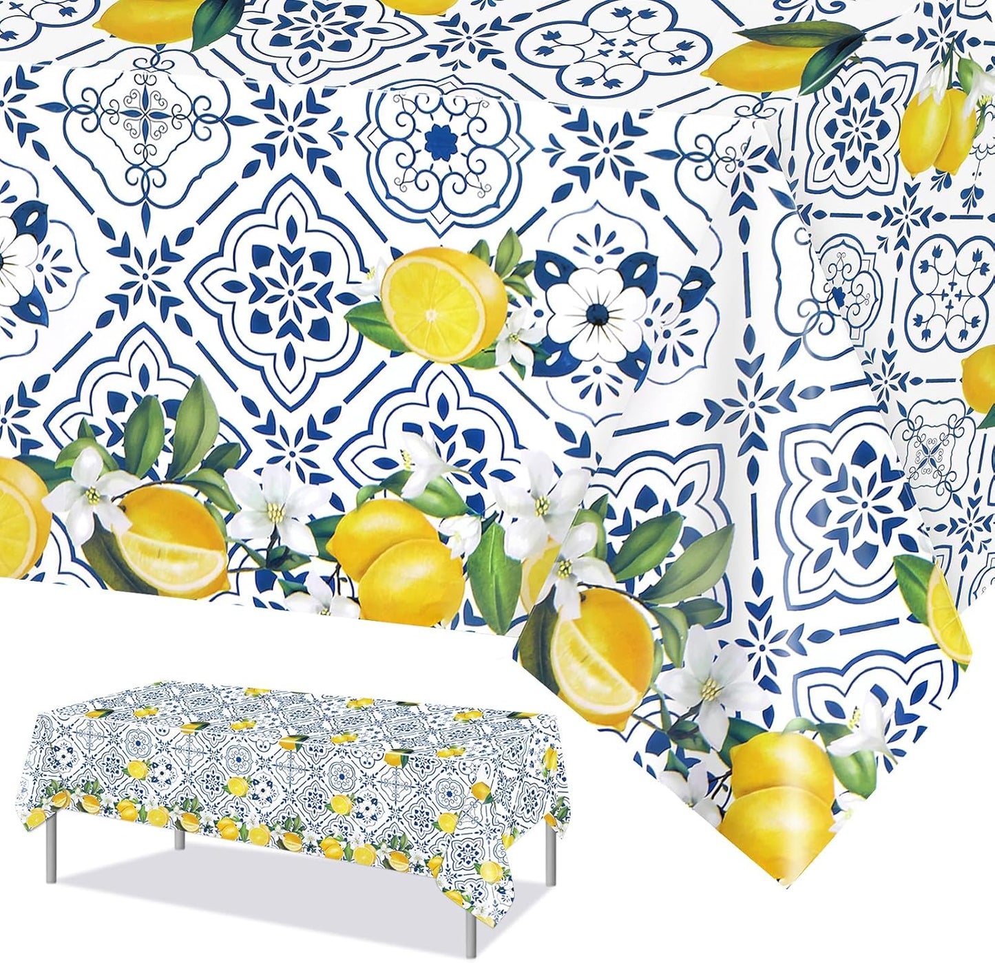 3 PCS Lemon Tablecloth Disposable Blue Tile Plastic Table Covers Lemon Decor for Baby Shower Italian Themed Party Decorations Supplies 54 x 108 Inch