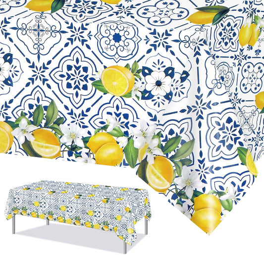 3 PCS Lemon Tablecloth Disposable Blue Tile Plastic Table Covers Lemon Decor for Baby Shower Italian Themed Party Decorations Supplies 54 x 108 Inch