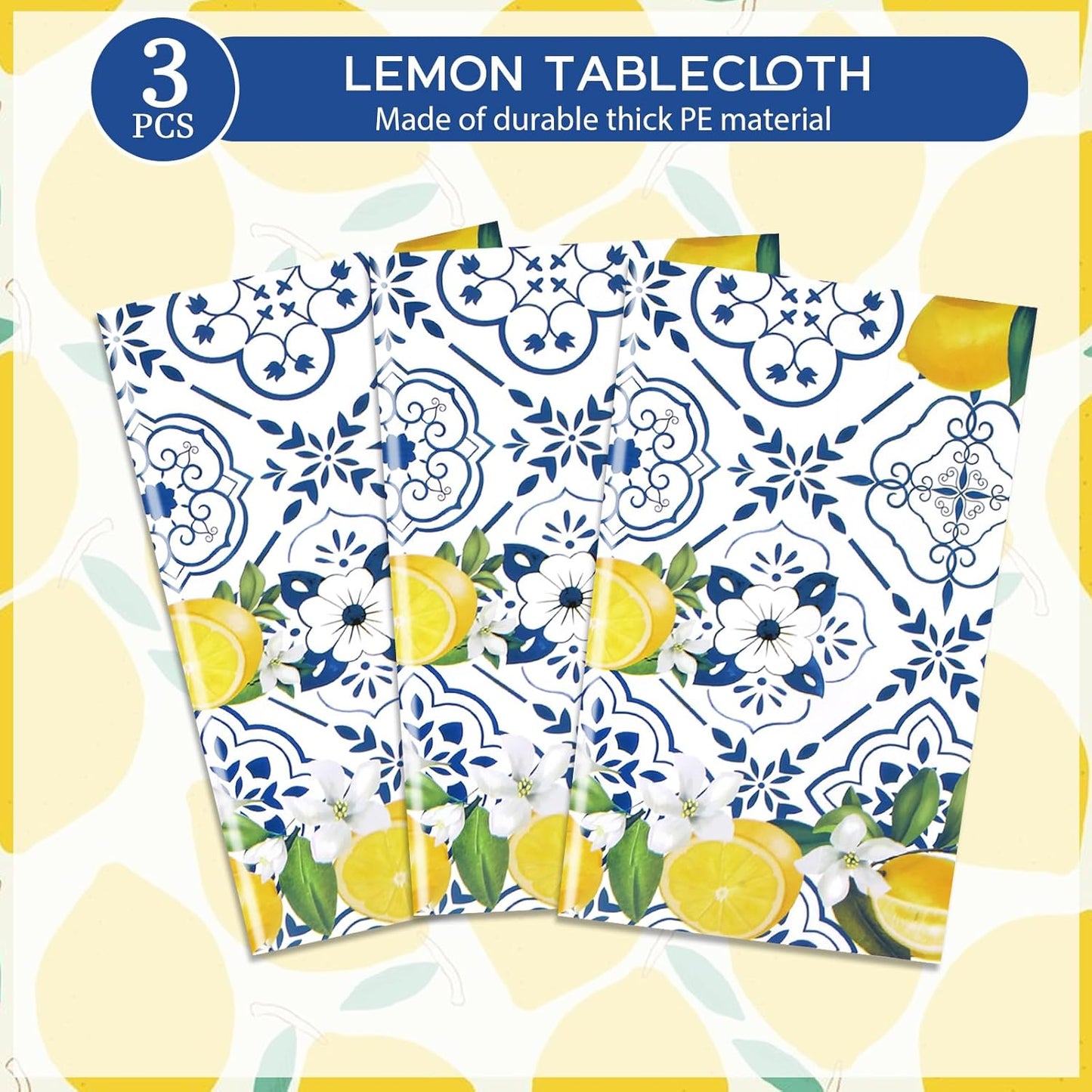 3 PCS Lemon Tablecloth Disposable Blue Tile Plastic Table Covers Lemon Decor for Baby Shower Italian Themed Party Decorations Supplies 54 x 108 Inch