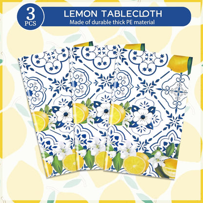 3 PCS Lemon Tablecloth Disposable Blue Tile Plastic Table Covers Lemon Decor for Baby Shower Italian Themed Party Decorations Supplies 54 x 108 Inch