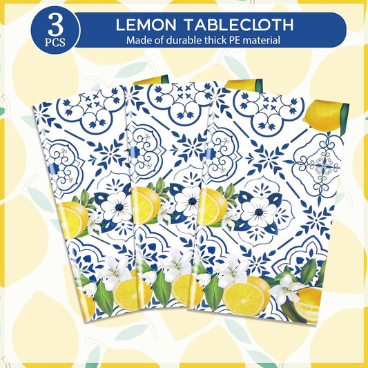 3 PCS Lemon Tablecloth Disposable Blue Tile Plastic Table Covers Lemon Decor for Baby Shower Italian Themed Party Decorations Supplies 54 x 108 Inch