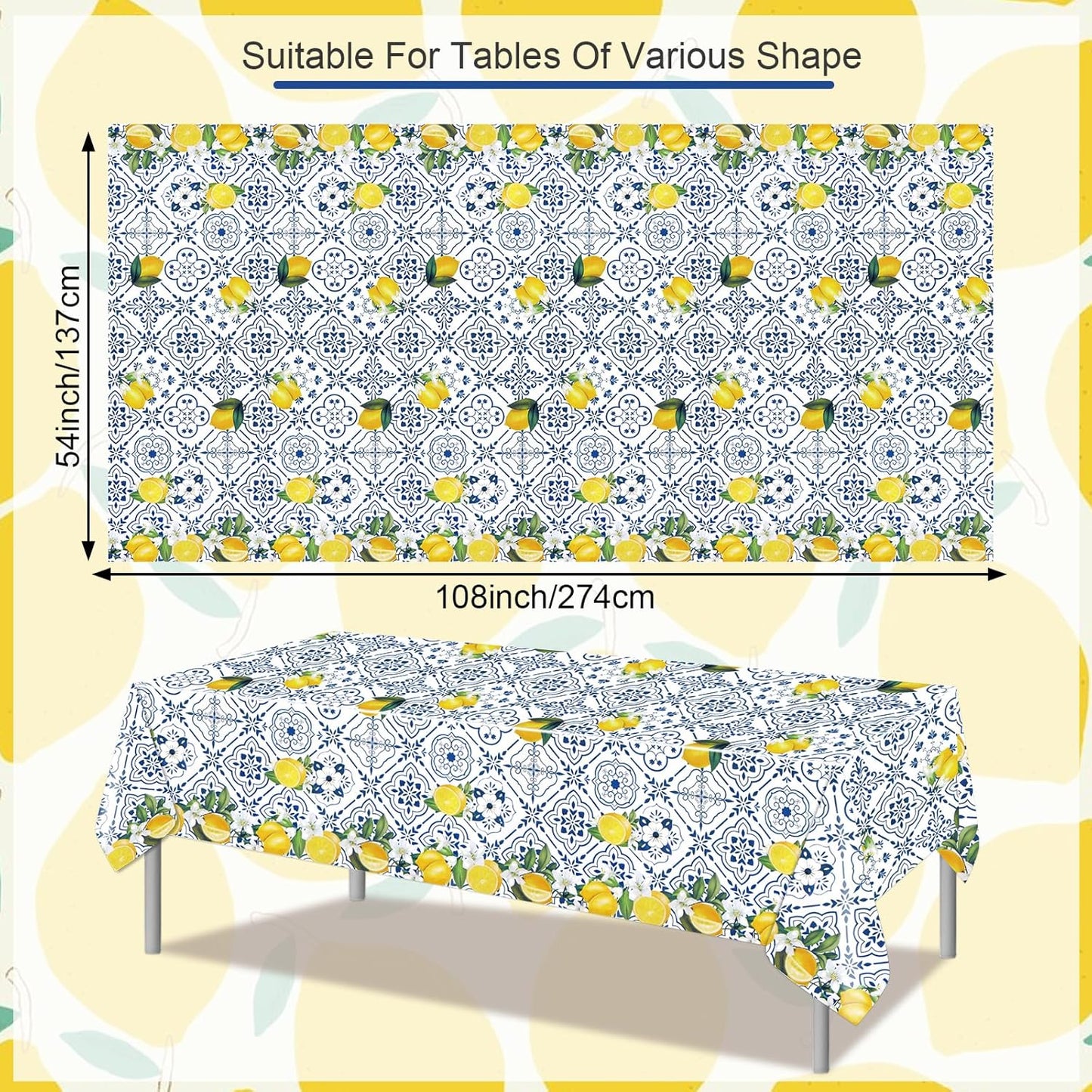 3 PCS Lemon Tablecloth Disposable Blue Tile Plastic Table Covers Lemon Decor for Baby Shower Italian Themed Party Decorations Supplies 54 x 108 Inch