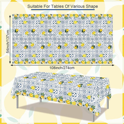 3 PCS Lemon Tablecloth Disposable Blue Tile Plastic Table Covers Lemon Decor for Baby Shower Italian Themed Party Decorations Supplies 54 x 108 Inch