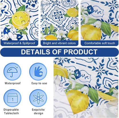 3 PCS Lemon Tablecloth Disposable Blue Tile Plastic Table Covers Lemon Decor for Baby Shower Italian Themed Party Decorations Supplies 54 x 108 Inch