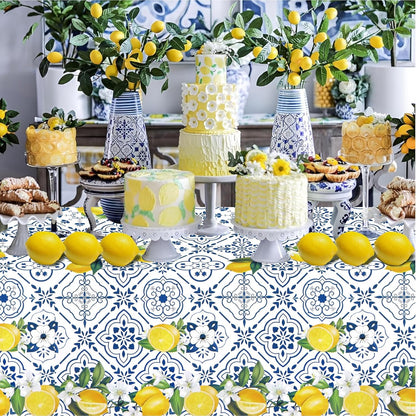 3 PCS Lemon Tablecloth Disposable Blue Tile Plastic Table Covers Lemon Decor for Baby Shower Italian Themed Party Decorations Supplies 54 x 108 Inch