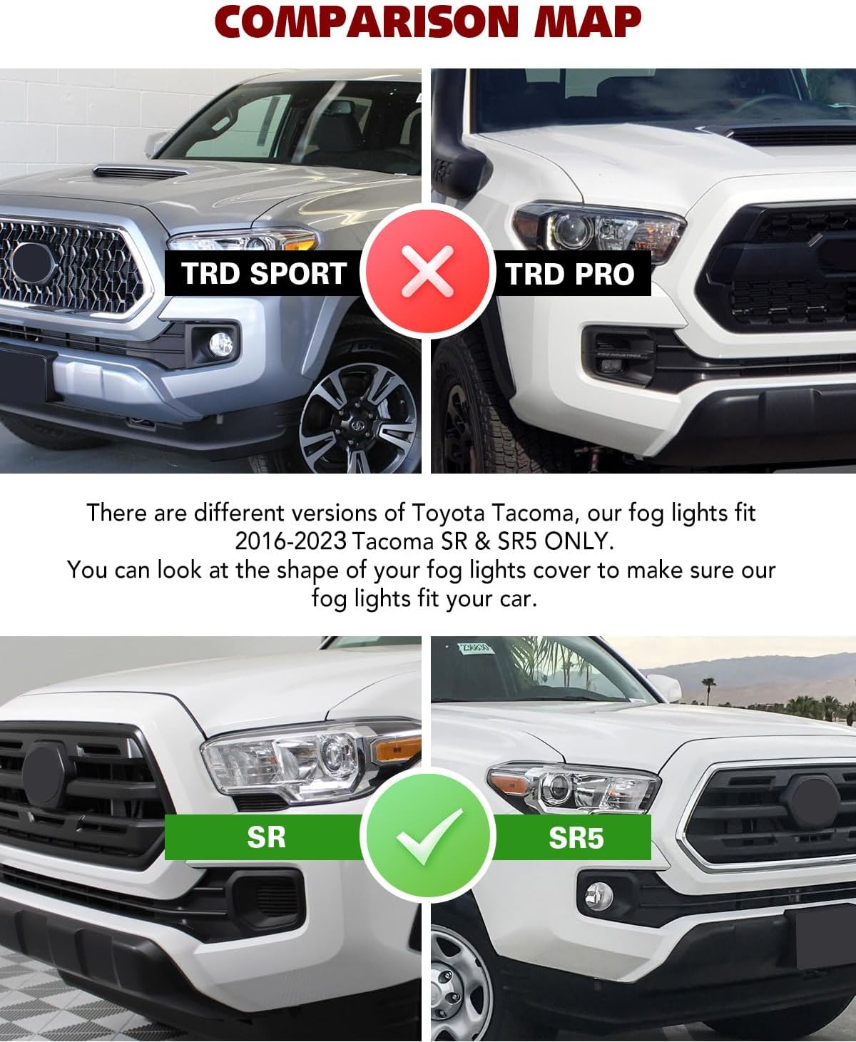 Fog Lights For 2016-2023 Toyota Tacoma (Fit SR, SR5 Model Only) With Yellow Lens 2PCS