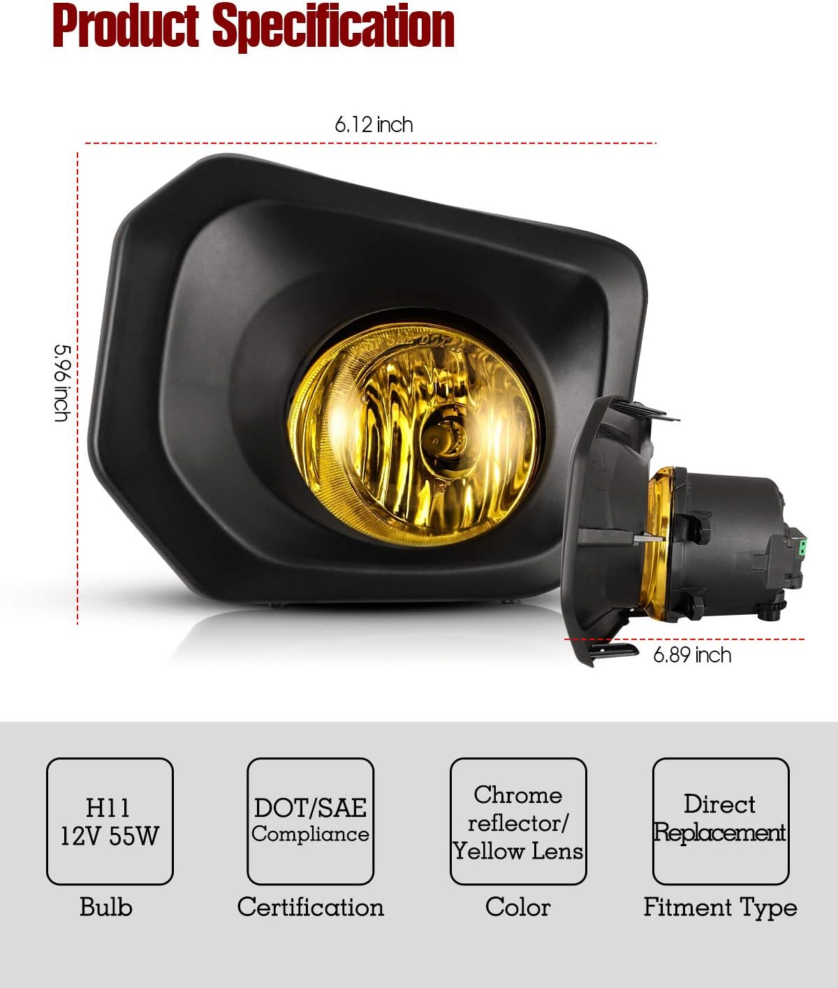 Fog Lights For 2016-2023 Toyota Tacoma (Fit SR, SR5 Model Only) With Yellow Lens 2PCS