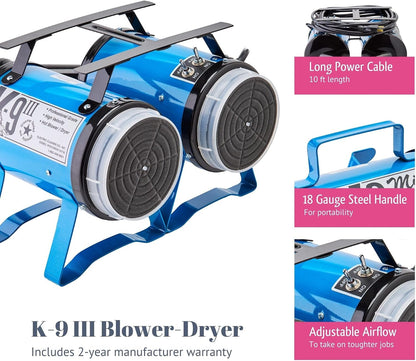 K9 III Dog Blow Dryer - High Power Grooming Dryer, Heavy Duty, 10' Hose, Deshedding, Yellow