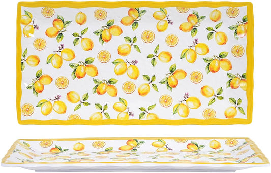 2-Piece Melamine Plates Set – 14.5x7.5 Inch Rectangular Melamine Serving Trays, Dishwasher Safe, Lightweight & Durable Dinner Plates for Kitchen, Party, BBQ, Outdoor Use,Lemon Design