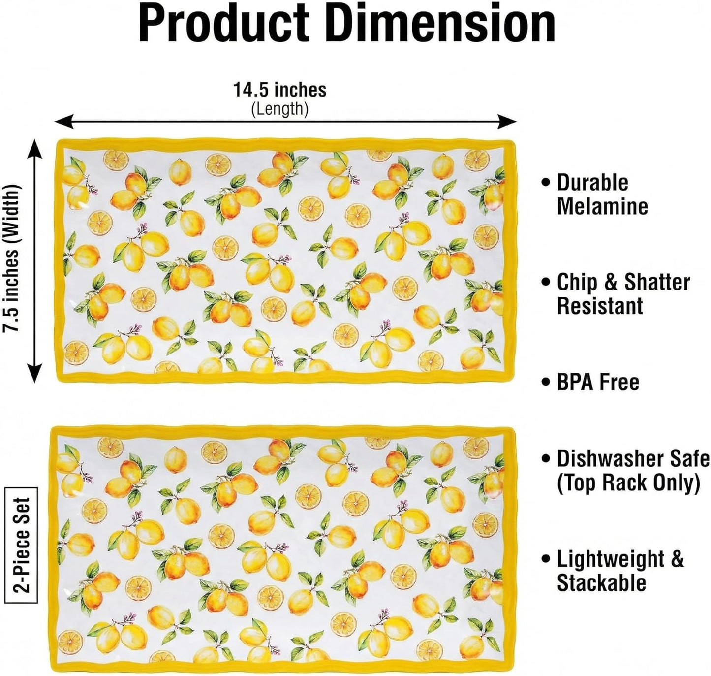2-Piece Melamine Plates Set – 14.5x7.5 Inch Rectangular Melamine Serving Trays, Dishwasher Safe, Lightweight & Durable Dinner Plates for Kitchen, Party, BBQ, Outdoor Use,Lemon Design