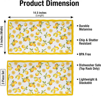 2-Piece Melamine Plates Set – 14.5x7.5 Inch Rectangular Melamine Serving Trays, Dishwasher Safe, Lightweight & Durable Dinner Plates for Kitchen, Party, BBQ, Outdoor Use,Lemon Design