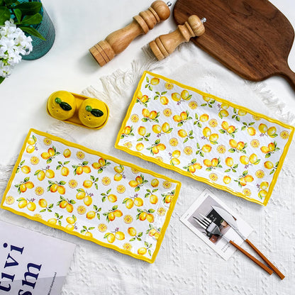 2-Piece Melamine Plates Set – 14.5x7.5 Inch Rectangular Melamine Serving Trays, Dishwasher Safe, Lightweight & Durable Dinner Plates for Kitchen, Party, BBQ, Outdoor Use,Lemon Design