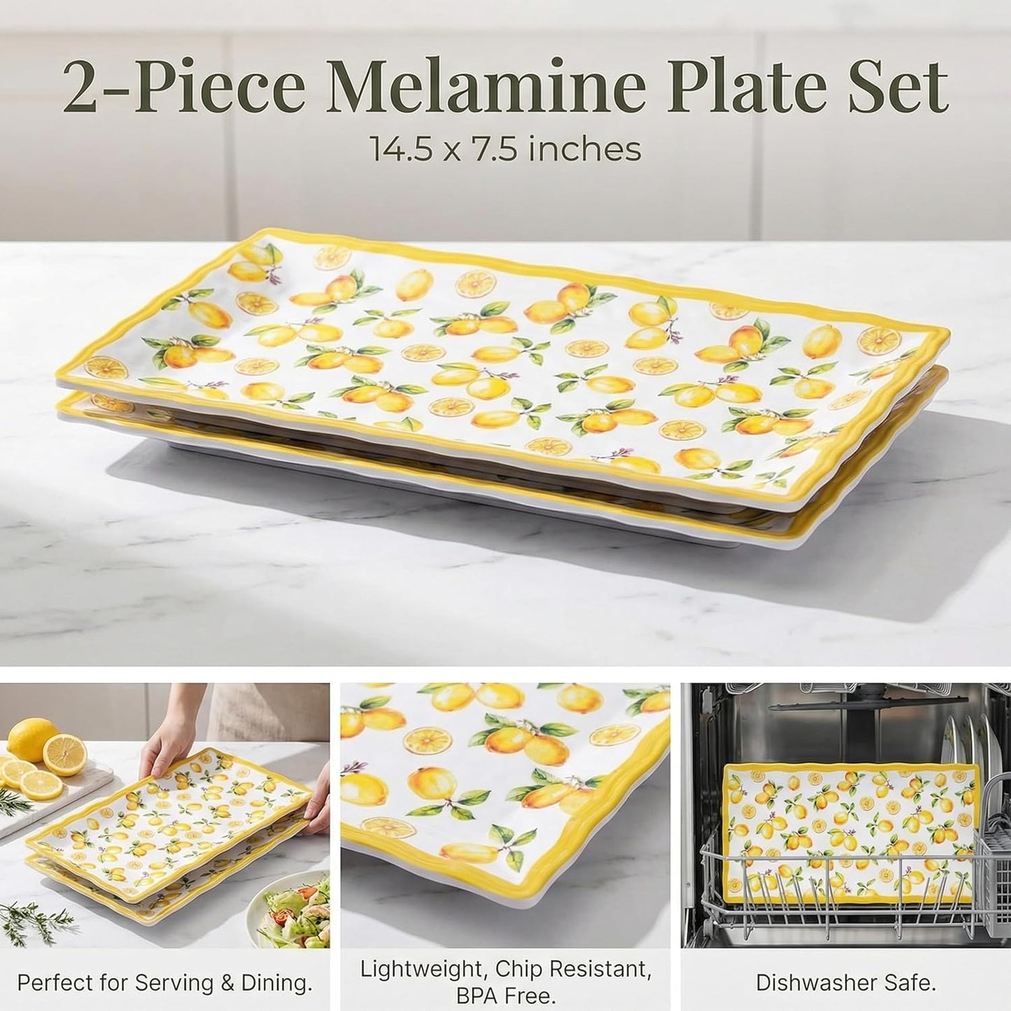 2-Piece Melamine Plates Set – 14.5x7.5 Inch Rectangular Melamine Serving Trays, Dishwasher Safe, Lightweight & Durable Dinner Plates for Kitchen, Party, BBQ, Outdoor Use,Lemon Design