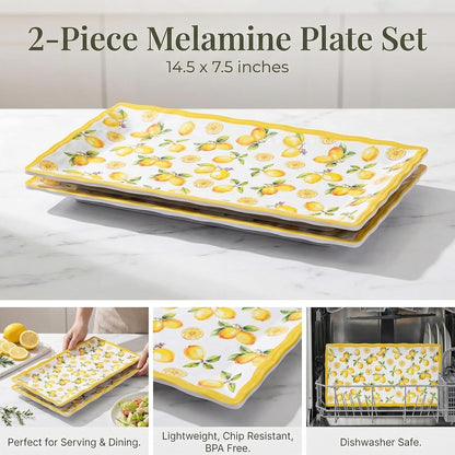 2-Piece Melamine Plates Set – 14.5x7.5 Inch Rectangular Melamine Serving Trays, Dishwasher Safe, Lightweight & Durable Dinner Plates for Kitchen, Party, BBQ, Outdoor Use,Lemon Design