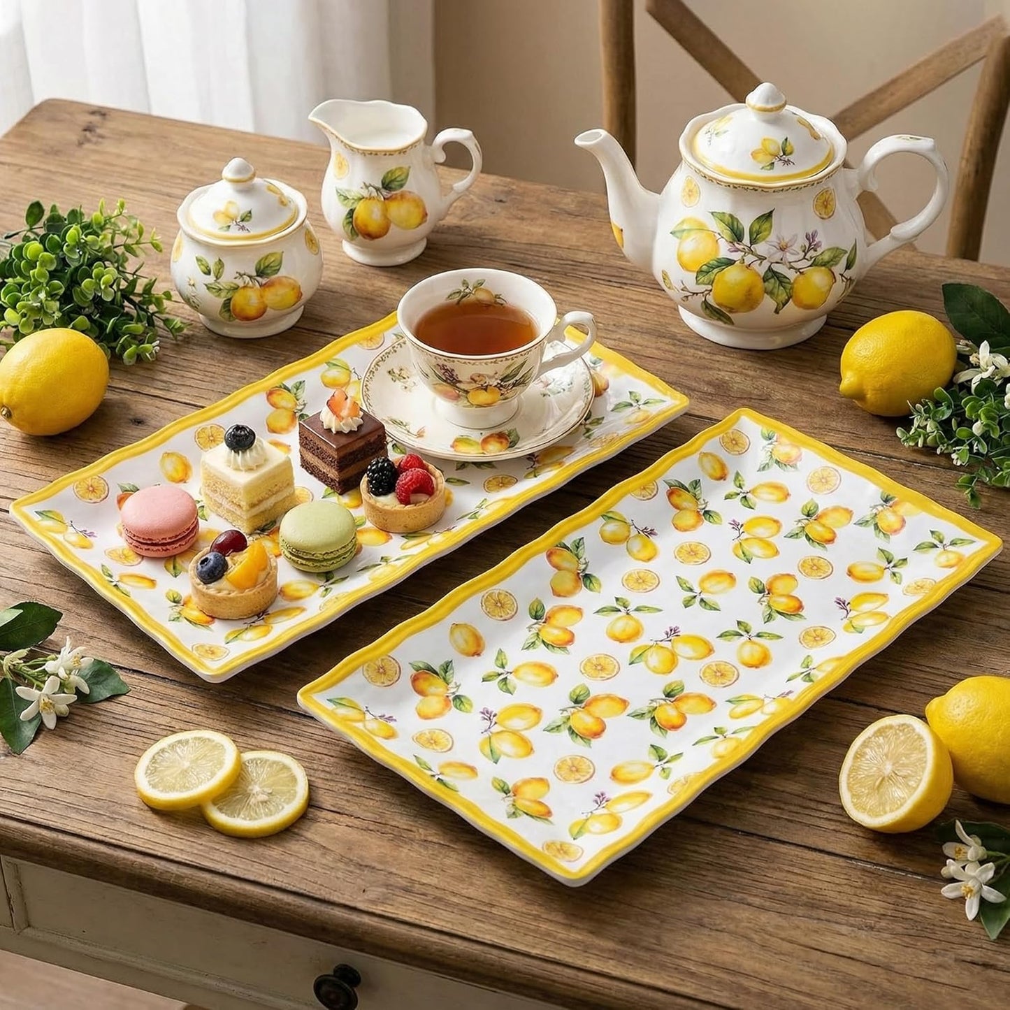 2-Piece Melamine Plates Set – 14.5x7.5 Inch Rectangular Melamine Serving Trays, Dishwasher Safe, Lightweight & Durable Dinner Plates for Kitchen, Party, BBQ, Outdoor Use,Lemon Design