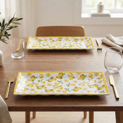 2-Piece Melamine Plates Set – 14.5x7.5 Inch Rectangular Melamine Serving Trays, Dishwasher Safe, Lightweight & Durable Dinner Plates for Kitchen, Party, BBQ, Outdoor Use,Lemon Design