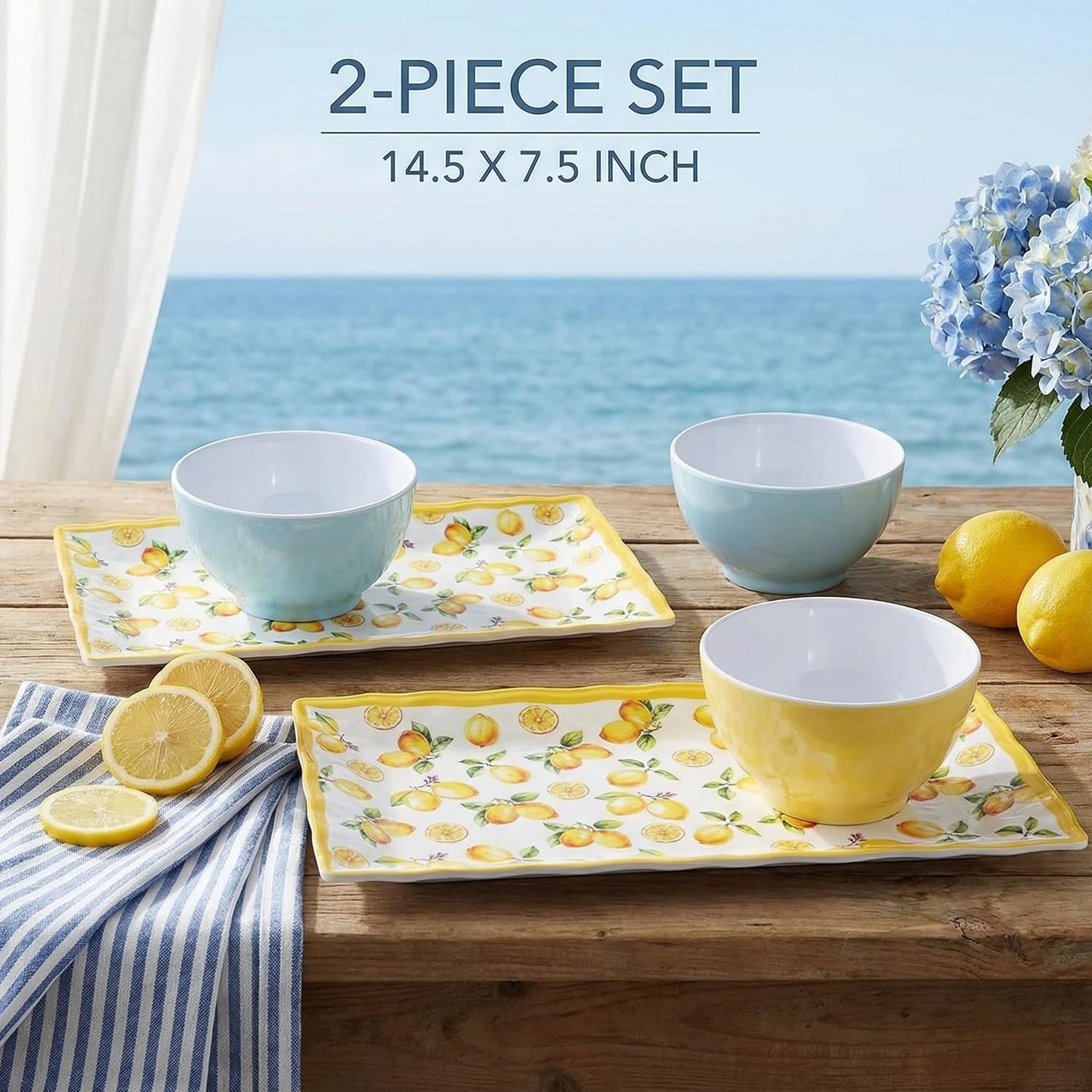 2-Piece Melamine Plates Set – 14.5x7.5 Inch Rectangular Melamine Serving Trays, Dishwasher Safe, Lightweight & Durable Dinner Plates for Kitchen, Party, BBQ, Outdoor Use,Lemon Design