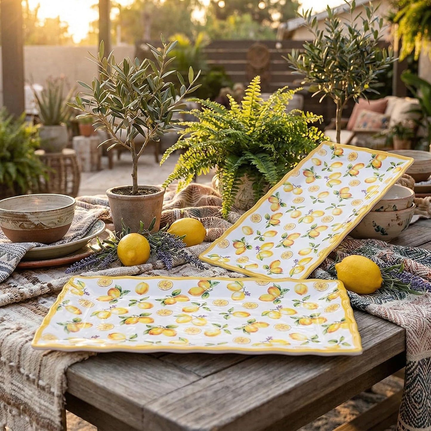 2-Piece Melamine Plates Set – 14.5x7.5 Inch Rectangular Melamine Serving Trays, Dishwasher Safe, Lightweight & Durable Dinner Plates for Kitchen, Party, BBQ, Outdoor Use,Lemon Design