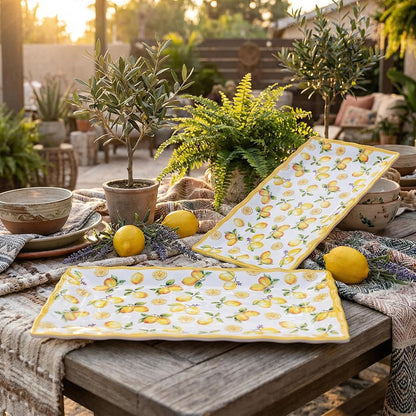 2-Piece Melamine Plates Set – 14.5x7.5 Inch Rectangular Melamine Serving Trays, Dishwasher Safe, Lightweight & Durable Dinner Plates for Kitchen, Party, BBQ, Outdoor Use,Lemon Design