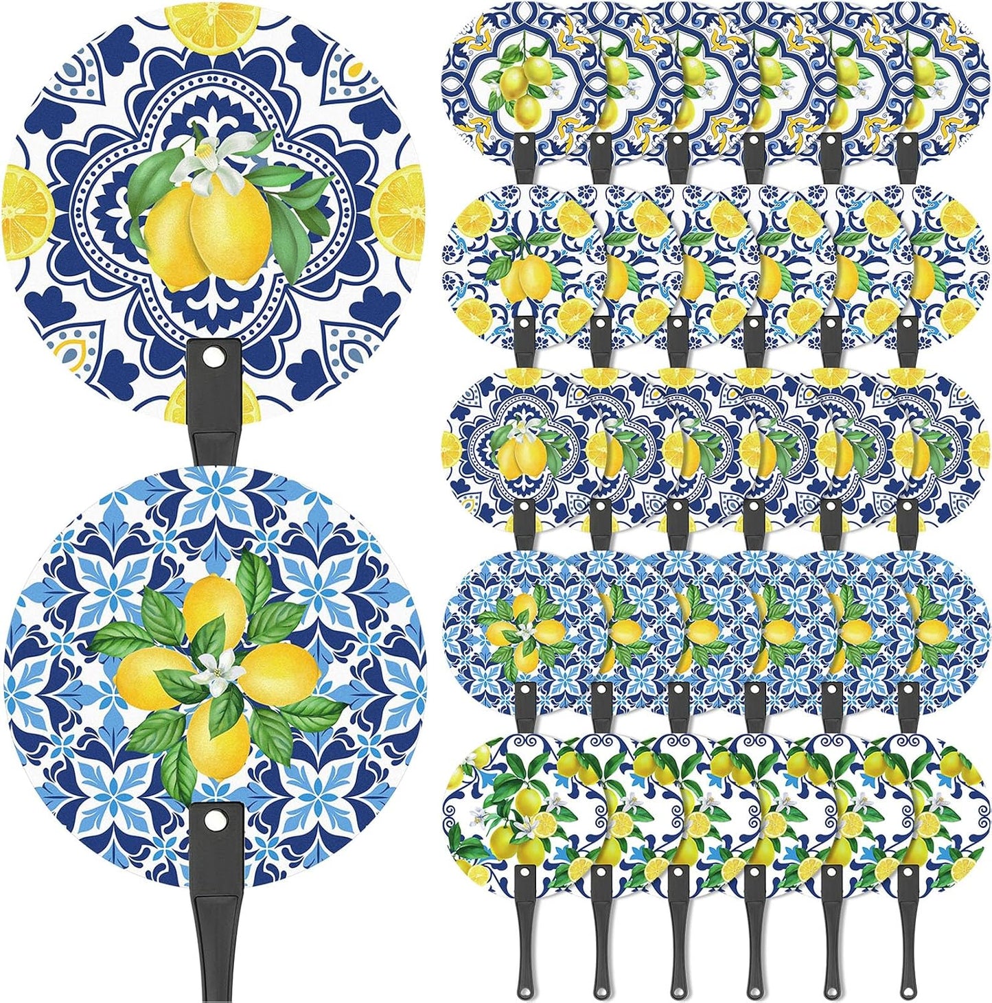 30 Pcs Capri Lemon Handheld Fan Bulk Amalfi Coast Party Decorations 5 Styles Chinoiserie Porcelain Mediterranean Lemon Plastic Round Hand Fans for Wedding Birthday Bridal Shower Party Favors