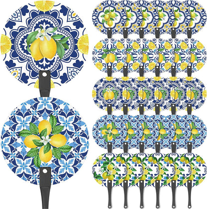 30 Pcs Capri Lemon Handheld Fan Bulk Amalfi Coast Party Decorations 5 Styles Chinoiserie Porcelain Mediterranean Lemon Plastic Round Hand Fans for Wedding Birthday Bridal Shower Party Favors
