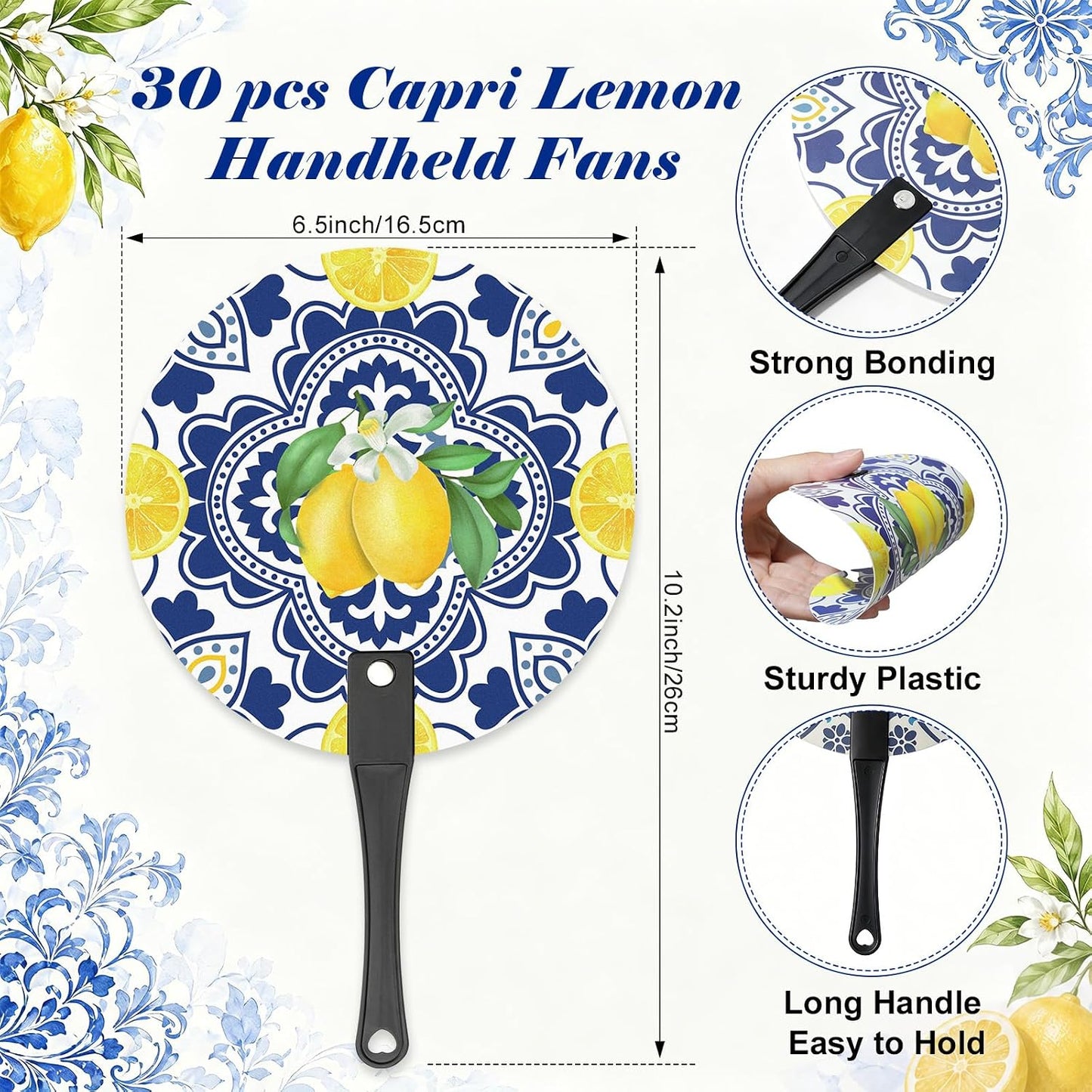 30 Pcs Capri Lemon Handheld Fan Bulk Amalfi Coast Party Decorations 5 Styles Chinoiserie Porcelain Mediterranean Lemon Plastic Round Hand Fans for Wedding Birthday Bridal Shower Party Favors