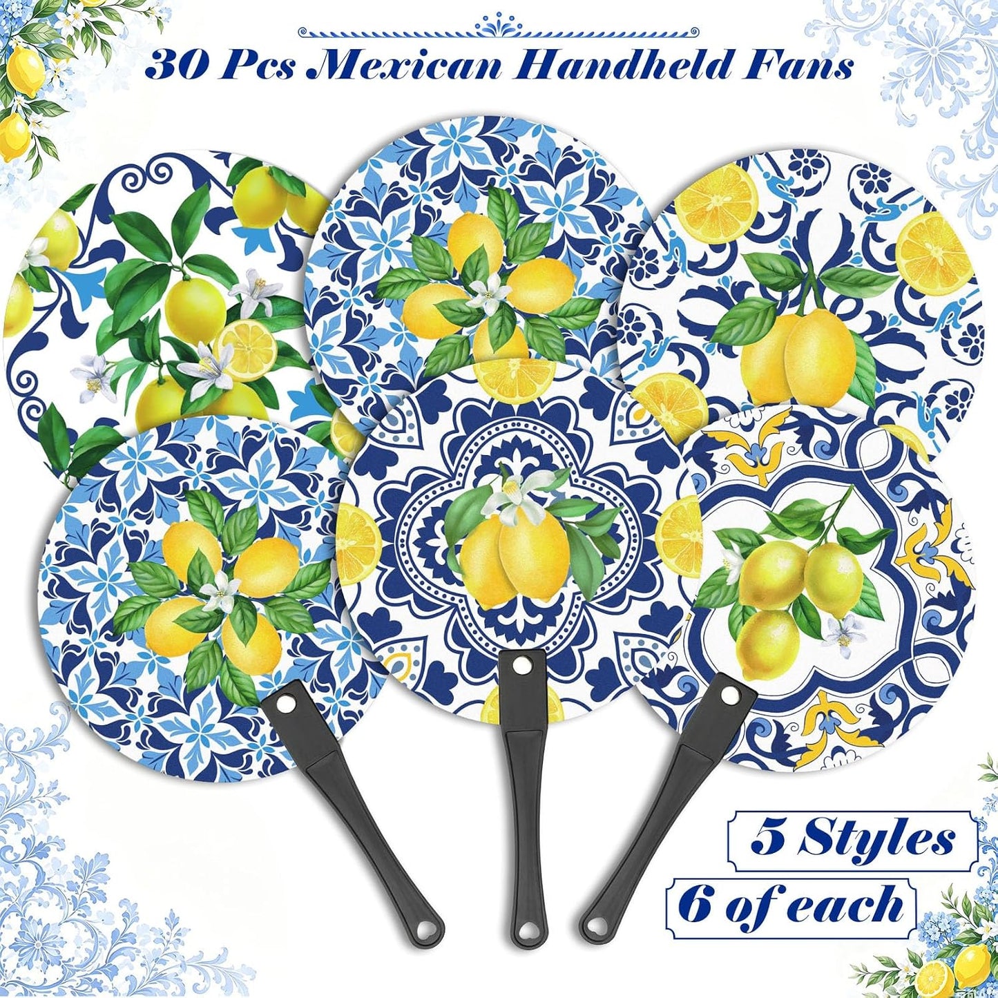 30 Pcs Capri Lemon Handheld Fan Bulk Amalfi Coast Party Decorations 5 Styles Chinoiserie Porcelain Mediterranean Lemon Plastic Round Hand Fans for Wedding Birthday Bridal Shower Party Favors
