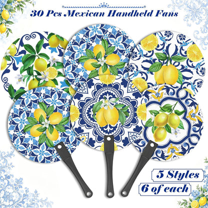 30 Pcs Capri Lemon Handheld Fan Bulk Amalfi Coast Party Decorations 5 Styles Chinoiserie Porcelain Mediterranean Lemon Plastic Round Hand Fans for Wedding Birthday Bridal Shower Party Favors